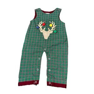 NWT Lil Cactus Embroidered Plaid Christmas Reindeer Boy Overalls 6-12 Months $36